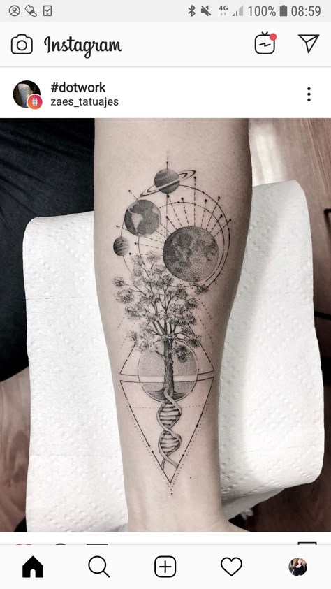 Science Tattoos, Dna Tattoo, Tattoo Tree, Geometric Sleeve Tattoo, Universe Tattoo, Planet Tattoos, Muster Tattoos, Geometry Tattoo, Geometric Tattoo Design