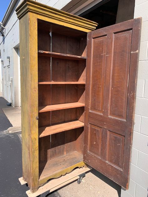 Diy Primitive Cabinet, Primitive Furniture Diy, Homemade Cabinets, Mustard Paint, Cupboard Organization, Cupboard Ideas, Kitchen Cupboard Organization, Primitive Cupboards, Primitive Bedroom