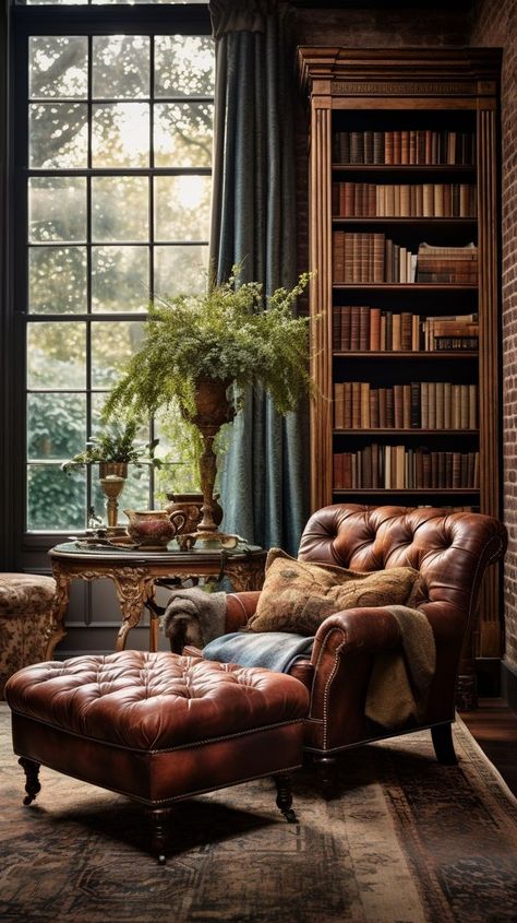 Small Office Tall Ceilings, Parlor Ideas Living Rooms, Den Library Ideas, Old Money Game Room, Dark Academia Reading Chair, Moody Eclectic Decor Living Room, Library At Home Room Ideas, Library Room Ideas Vintage, Study Library Room Ideas