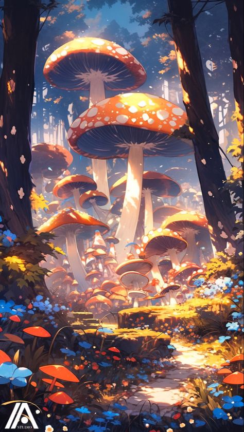 Mystical Mushroom Forest, Mushroom Town Drawing, Cute Mushroom Background, Mushroom Forest Aesthetic, Mushroom Environment, Mushroom Forest Drawing, Mushroom Forest Painting, Fairy Forest Art, Mushroom Fantasy Art