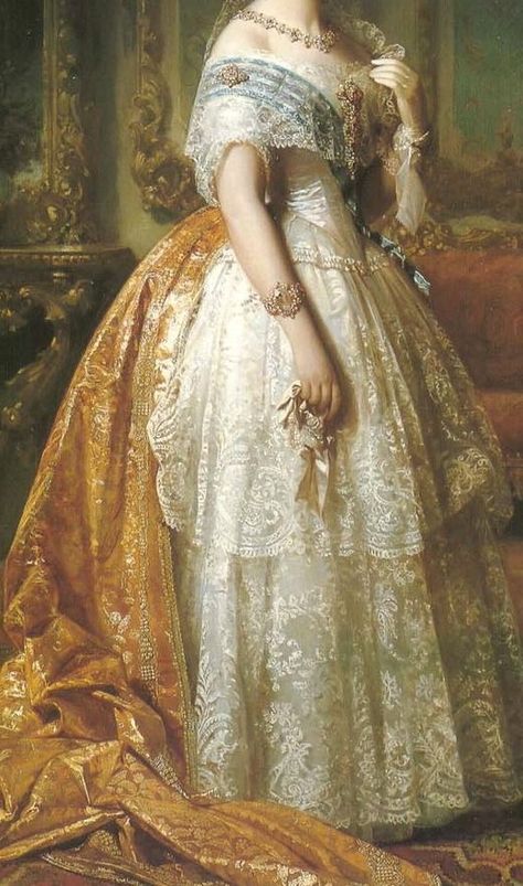 Gold Jewelry on gown, necklace and bracelets:   Luisa Fernanda Montpensier, by Jose Madrazo y Adugo, mid 1800s (detail) Queen Isabella, Custom Portrait Painting, Karakter Disney, Court Dresses, Historical Painting, Isabel Ii, Victorian Art, Historical Art, Historical Dresses