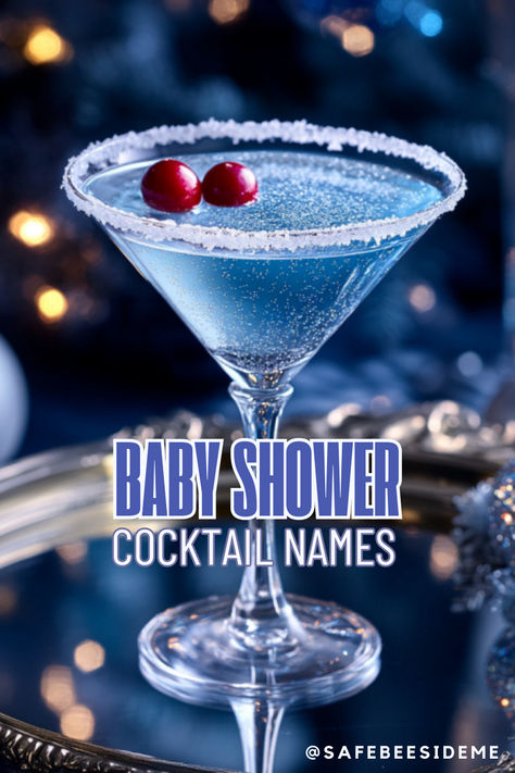 A glamorous winter-themed blue mocktail in a martini glass, rimmed with sugar and garnished with two red cranberries, styled for a Winter Wonderland baby shower. The text reads "Baby Shower Cocktail Names" with the @safebeesideme tag below. *We may earn a small commission from your purchase. Baby Shower Cocktail Names, Baby Shower Drink Names, Baby Shower Bar, Baby Shower Cocktails, Crystal Cocktail Glasses, Drink Names, Cocktail Names, Shower Bar, Baby Shower Drinks