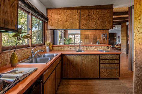 An architect’s time capsule midcentury home is for sale in Glendale - The Spaces Family Room Reveal, 1960s House, Concrete Block Walls, Midcentury House, Formica Countertops, California House, Midcentury Home, Chevy Chase, Corner Fireplace