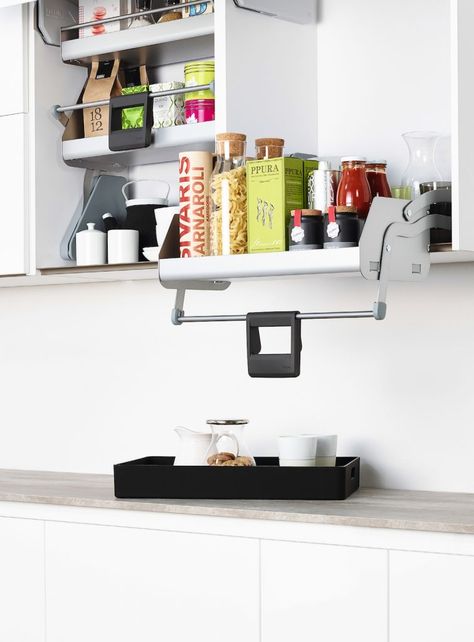 Darren Palmer shows how to keep your kitchen organised – and stress at bay – with the right storage solutions. Pull down shelf in kitchen, clever way to make overhead kitchen cupboards more accessible, kitchen inclusions, luxury kitchen ideas Kitchen Cabinet Accessories, Frameless Cabinets, Single Shelf, Laundry Solutions, Inside Cabinets, Cabinet Accessories, Kitchen Storage Solutions, Smart Kitchen, Kitchen Upgrades