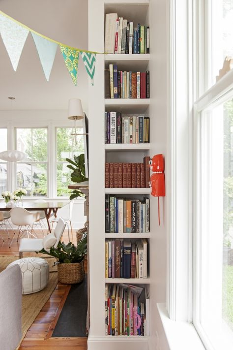 narrow book shelf Small Narrow Bookshelf, Wall Corner Book Shelf Ideas, Narrow Bookcase Ideas, White Narrow Bookshelf, Narrow Shelf Ideas Bedroom, Narrow Alcove Shelves, Narrow Shelves Decor, Slim Built In Bookcase, Narrow Built In Bookcase