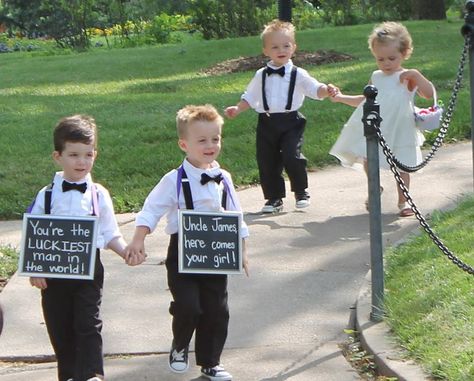 Chalkboard wedding sign for the ring bearer to carry. Ring Carrier, Pageboy Outfits, Weddings Ring, Reception Lighting, Ring Bearer Flower Girl, Wedding Reception Lighting, Wedding Chalkboard Signs, Girl Walk, Ring Boy