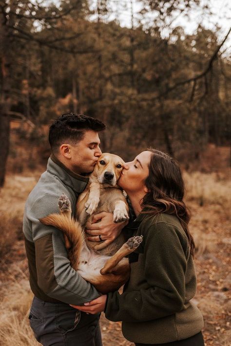 This couple decided to share their vows in a casual intimate ceremony on Mount Lemmon and it was so special! I love being a part of these sweet little moments just as much as big traditional weddings. There are really just so many wonderful ways to celebrate love! View more photos on the blog. Holiday Photos Couple And Dog, Photos With Pets Ideas, Professional Couple Photoshoot With Dog, Husband Wife Dog Photos, Dogs And Couple Photoshoot, Home Photoshoot With Dog, Couples Picture With Dog, Autumn Couple Photoshoot With Dog, Couple Photos With Dogs Christmas