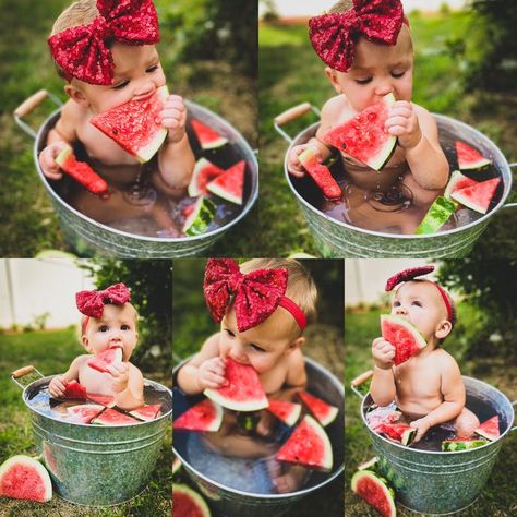 Six Months Pictures Ideas, Cereal Milk Bath Photoshoot, Watermelon Toddler Photo Shoot, Watermelon Shoot Baby, Baby Summer Photo Shoot Ideas, Infant Summer Photoshoot Ideas, 1 Year Milk Bath Photos, Baby In Watermelon Photography, Holiday Milk Bath Photography