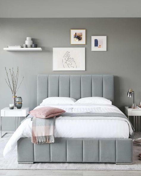 Velvet King Size Bed, Bed For Girls Room, Double Bed With Storage, Bedroom Moodboard, Double Bed Designs, Grey Bed Frame, Grey Bedroom Decor, Grey Bed, Ottoman Storage Bed