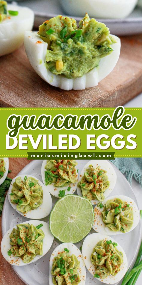 These Guacamole Deviled Eggs are a great twist on the classic! This simple tailgating recipe is an easy game day food in under 30 minutes. Delicious and fun to eat, these avocado deviled eggs are one of the best football appetizers! Deviled Eggs With Avocado Recipe, Sour Cream Deviled Eggs, Curried Deviled Eggs, Fun Deviled Eggs, Deviled Quail Eggs, Deviled Egg Toppings, Asian Deviled Eggs, Different Deviled Eggs, Devil Eggs Recipe