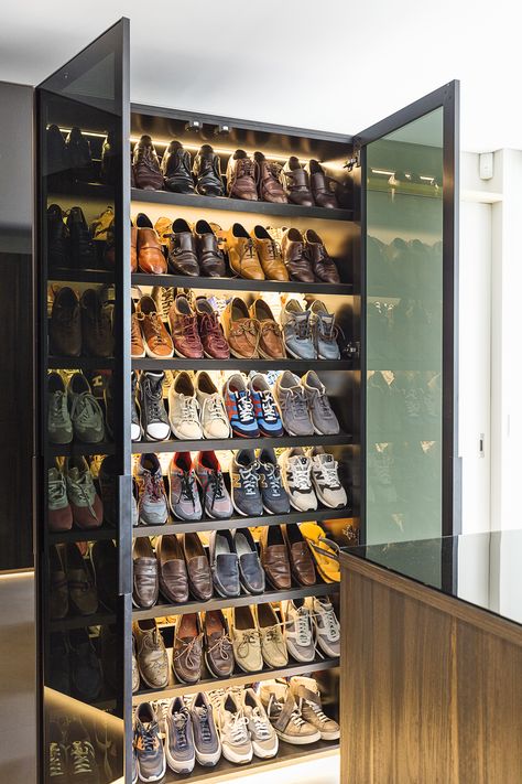 Shoe cupboard of our Darling Point project. With LED lighting to display the shoes like the beautiful works of art they are & customized angled shelves to allow space for two rows of storage Small Shoe Closet Ideas, Small Shoe Closet, Shoe Closet Ideas, Angled Shelves, Contemporary House Interior, Coat Cupboard, Shoe Storage Cupboard, Rack Closet, Apartment Things