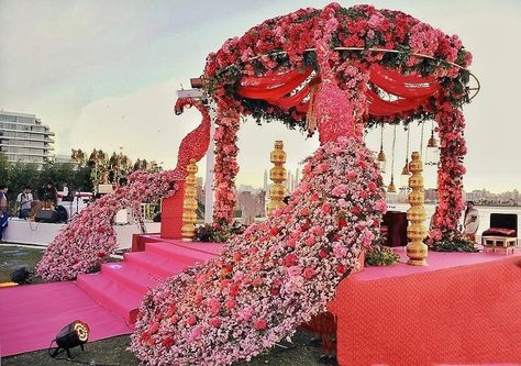 grand peacock mandap decoration Peacock Theme Backdrop, Mandap Decoration, Indoor Wedding Decorations, Goa Wedding, Night Wedding Decor, Wedding Room Decorations, Wedding Ambiance, Peacock Wedding Theme, Wedding Stage Backdrop