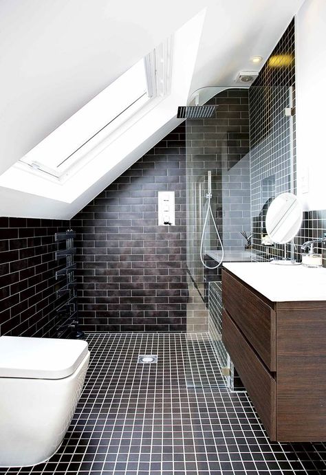 Planning on going up in the world? Be inspired by these clever attic conversion ideas and creative uses of roof space from all around the globe. Loft Bathroom Ideas Sloped Ceiling, Small Loft Bathroom, Bathroom In The Attic, Loft Conversion Bathroom, Eaves Bathroom, Angled Bathroom, Tiny Attic Bathroom, Loft Bathroom Ideas, Attic Bathrooms