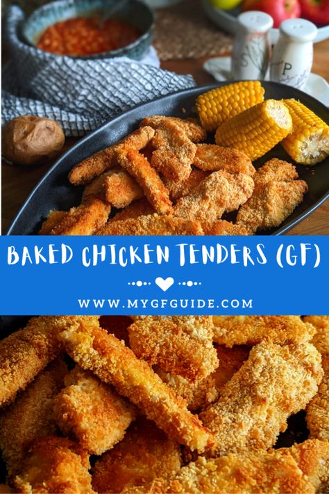 Baked Chicken Tenders (GF) - My Gluten Free Guide Gluten Free Baked Chicken, Gluten Free Chicken Tenders, Gluten Free Fried Chicken, Baked Breaded Chicken, Breaded Chicken Tenders, Gluten Free Guide, Fried Chicken Tenders, Baked Chicken Tenders, Crispy Baked Chicken