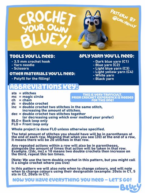 Bluey Bingo Crochet Hat Free Pattern, Blue Heeler Crochet Pattern Free, Free Crochet Pattern For Bluey, Free Crochet Pattern For Bluey And Bingo, Bluey And Bingo Crochet Pattern, Free Crochet Bluey Patterns, Crocheted Bluey Characters, Bluey Free Crochet Pattern, Blues Clues Crochet Free Pattern