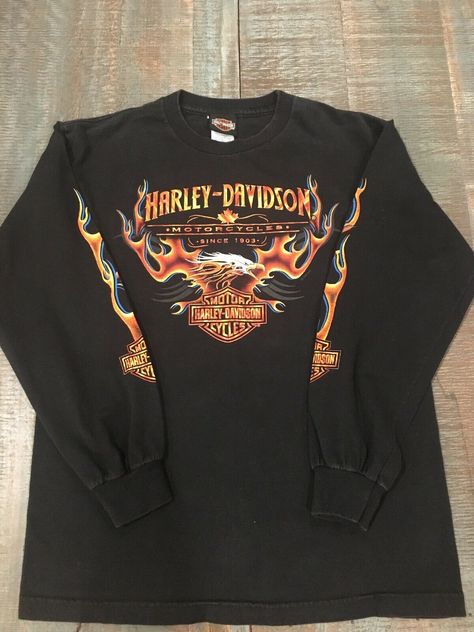 Harley Davidson T-Shirt Long-sleeve Flames Eagle 2008 | eBay Harley Davidson Fashion, Harley Davidson Outfits, Flames Shirt, Harley Davidson Shirts, Harley Davidson Apparel, Harley Davidson Crewneck, Harley Davidson Vintage, Vintage Harley Davidson Motorcycles, Harley Davidson Tshirt