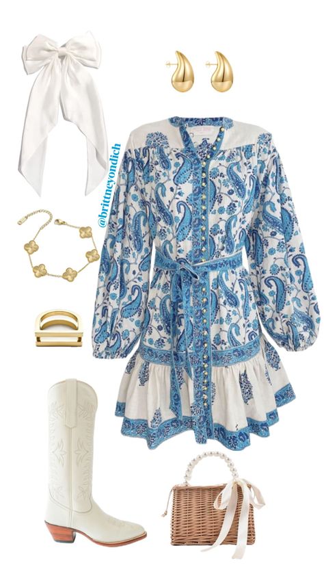 Coastal cowgirl preppy blue dress Miss June Paris petite Paloma cowboy boots Southern Women Outfits, Preppy Southern Outfits, Southern Clothes, Twin Outfit, Coastal Outfits, Outfitinspo Style, Costal Cowgirl, 2024 Wardrobe, Church Fits