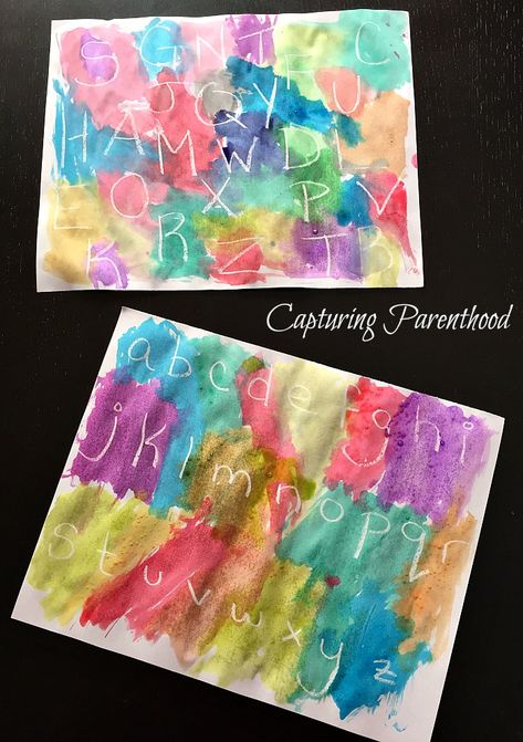 Hidden Letters - Watercolor Paint Resist Activity © Capturing Parenthood Watercolor Crafts For Preschoolers, 3k Arts And Crafts, Watercolor Kindergarten, Exploring Arts Preschool Theme, Watercolor Activities For Kindergarten, Watercolor Art Preschool, Watercolor Activity For Kindergarten, Watercolor Activities, Alphabet Painting