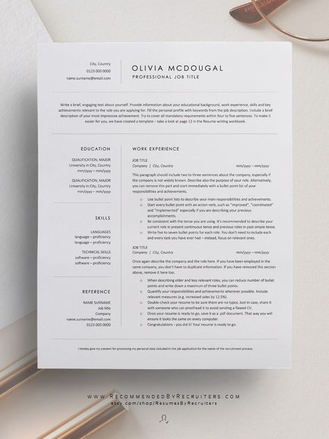 Want to present your experience and achievements in a professional manner? The most important things you need to do is keep your resume concise, tailored to the job and eye-catching. Let this resume template help you with it. It is aligned with all CV formatting tips coming from recruiting corner. This clean and minimalist design will help you stand out from the crowd. Download at etsy.com/shop/ResumesByRecruiters #resumetips #cvwriting #cvadvice Resume Tips No Experience, Clean Resume Design, Basic Resume Examples, Visual Resume, Professional Resume Examples, Free Resume Examples, Cv Inspiration, Minimalist Resume Template, Basic Resume