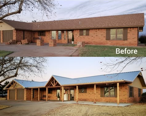 Added Front Porch To Ranch, Single Story Gable Roof House, Adding A Garage To The Front Of A House, Adding A Gable Roof Ranch Homes, Adding A Front Porch To A Ranch House, Ranch House Covered Front Porch, Silver Metal Roof Ranch House, Metal Roof On Ranch Style House, Adding Gable Roof Front Porches