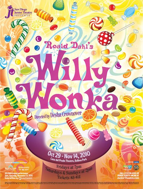 https://flic.kr/p/8GJptw | Roald Dahl's Willy Wonka poster | Poster design for San Diego Junior Theatre's 2010 production of "Roald Dahl's Willy Wonka,"  designed by Martin S. Lindsay for Thrive Mediarts, San Diego, California, 2010. Wonka Poster, Wonka Factory, Willy Wonka Factory, Chocolate Factory Party, Candy Poster, Graphic Design Infographic, Fan Poster, Chocolate Design, Theatre Poster