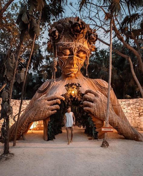 A beautiful towering wooden sculpture called "Ven a La Luz" welcomes guests onto the beach at Ahau Tulum in Mexico 🇲🇽 Photo b Best Travel Insurance, African Artists, Tulum Mexico, Destination Voyage, Cozumel, Mexico Travel, Riviera Maya, Travel Insurance, Travel Life