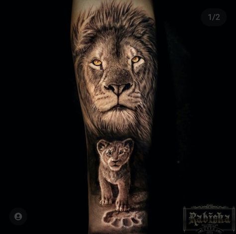 Lion Father And Son Tattoo, Lion Son Tattoo, Father Tattoos For Son, Lion And Cub Tattoo Father, Half Lion Tattoo, Lion Tattoo Half Sleeve, Lion And Cub Tattoo, Newborn Tattoo, Lion Cub Tattoo