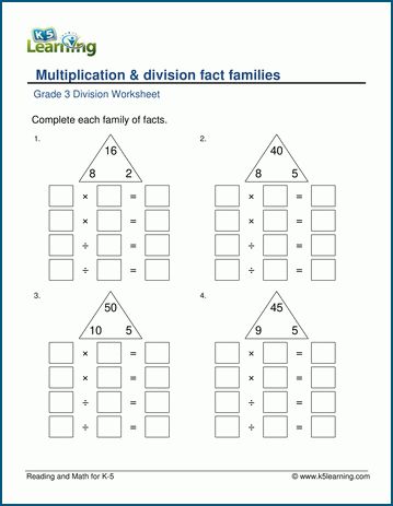 Multiplication & division fact families | K5 Learning Division Facts Worksheets, Math Photos, Fact Families Multiplication, Division Fact Families, Fact Family Worksheet, Multiplication And Division Worksheets, Free Math Resources, Triangle Worksheet, Learning Multiplication