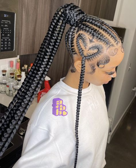 Stitch cornrow ponytail with a heart Heart Braids Hairstyle, Cornrow Heart, Hairstyle Ideas For Black Women, Heart Braids, Black Kids Braids Hairstyles, Tan Skin Blonde Hair, Feed In Braids Hairstyles, Box Braids Hairstyles For Black Women, Cute Braided Hairstyles