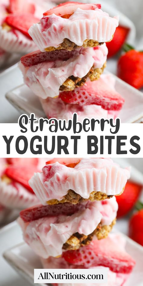 Enjoy these delightful strawberry yogurt bites, perfect for low-calorie recipes. These frozen treats make healthy snacks for kids and delicious yogurt snacks for everyone. This is one of the healthy summer recipes you can enjoy and safely meal prep for weeks to come! Strawberry Yogurt Bites, Low Calorie Granola, Yogurt Bites Recipe, Strawberry Yogurt Parfait, Frozen Yogurt Bites, Frozen Yogurt Recipes, Banana Snacks, Frozen Strawberry, Yogurt Bites