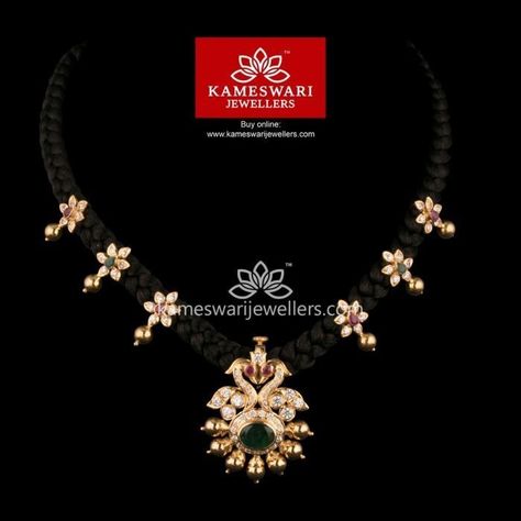 Black Thread Gold Jewellery, Black Thread Necklace, Kameswari Jewellers, Temple Jewellery Earrings, Black Beads Mangalsutra Design, Mangalsutra Design, Black Beads Mangalsutra, Thread Necklace, Gold Jewelry Simple Necklace