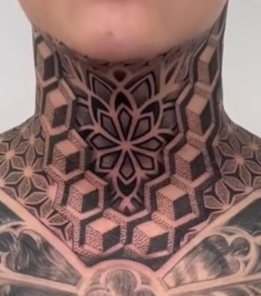 Geometric Throat Tattoo, Geometric Tattoo Neck, Neck Ideas, Geometric Flower Tattoo, Full Neck Tattoos, Throat Tattoo, Polynesian Tattoo Designs, Full Arm Tattoos, Head Tattoo