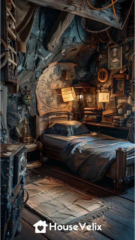 Inside Pirate Ship, Brown Map Aesthetic, Pirate Decor Interior Design, Pirate Theme Bedroom, Pirate Ship Interior, Pirate Cabin, Forrest Bedroom, Pirate Themed Bedroom, Pirate Hideout