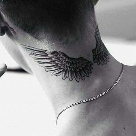 Wings tattoos generally have a religious connotation. They signify guardian angels to many men, who safeguard and guide them – especially loved ones who have passed away. This can be a really good fit for the back of your neck when using two wings. You might consider the side of the neck if you only want one wing. Justin Bieber Neck Tattoo, Justin Beiber Tattoo, Wing Neck Tattoo, Bieber Tattoos, Tatuaje De Alas, Tattoo Arm Sleeve, Justin Bieber Tattoos, Alas Tattoo, Wing Tattoos On Back