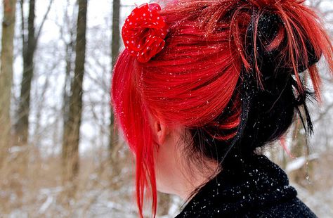 red! Black And Bright Red Hair, Black And Red Fluffy Hair, Black And Red Alt Hair, Egirl Hair Strands Red, Egirl Hairstyle Color Red, Pink And Orange Hair, Black Red Hair, Glitter Hair, Scene Hair