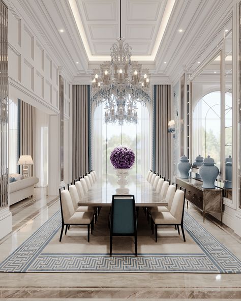 Living + Dining | Private Villa - Saudi :: Behance Luxury Dining Room Decor, Dining Room Design Luxury, Dining Room Contemporary, Dining Room Spaces, Dining Room Interiors, Rustic Dining Room, Luxury Dining Room, Elegant Dining Room, Luxury Dining