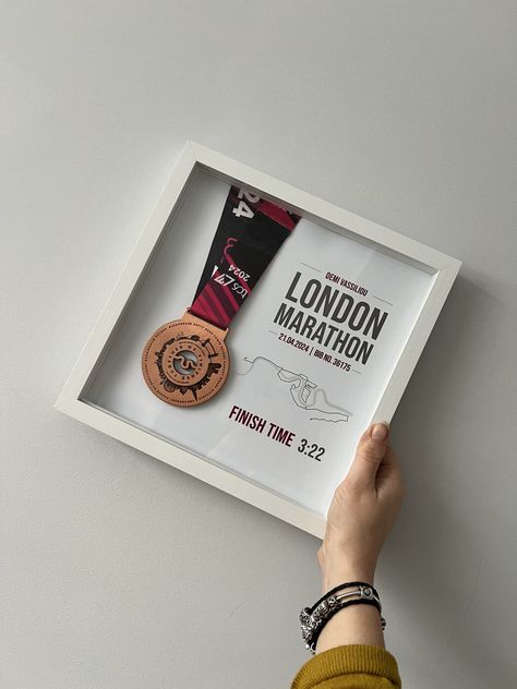 Marathon, half marathon, 10k race, London / Brighton / Manchester medal frame - personalised print - finish time & route. Runner's Birthday 
Has someone you know completed a Marathon, half marathon or 10k run? This could be the perfect gift to congratulate them for their amazing achievement! Or have you competed one and want to proudly display your medal and time? (Too right after all of that training and hard work!) The print will include the event name, date, finish time, bib number & runners name, as well as a map of the route. If you are interested in ordering one, see how it works below… How it works... 1. Select the size 2. Add the event name, date, finish time, bib number & runners name 3. Complete the order 4. I will then be in touch and create your special keepsake :) 5. Then, I w How To Display Marathon Medals, Marathon Bib And Medal Display, Runner Bib Display, Run Medal Display, Display Running Bibs And Medals, Marathon Bib Display Ideas, Marathon Shadow Box Ideas, Medal Frames Ideas, Running Medal Display Ideas