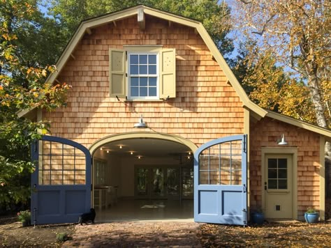 Barn Roof Styles, Cedar Shingle House, Cedar Shingle Siding, Gardening Shed, Gambrel Barn, Carriage House Garage, Carriage Doors, Gambrel Roof, Shingle Siding