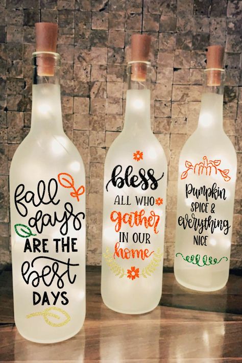 Fall Wine Bottles, Quote Message, Bottle Decorations, Liquor Bottle Crafts, Light Up Bottles, Ball Jar, Bottle Ideas, Bottle Diy, Wine Craft