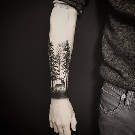 Forest Tattoo by atelier_de_lencre Forest Tattoo Sleeve, Forest Forearm Tattoo, Natur Tattoo Arm, Trees Tattoo, Tree Sleeve Tattoo, Tree Tattoo Arm, Wood Tattoo, Forest Tattoo, Hunting Tattoos