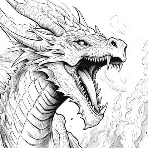 Dragon Breathing Fire Drawing Reference, Fantasy Dragon Sketch, Fire Breathing Dragon Art, Dragon Reference Head, Dragon Drawing Head, Dragon Head Drawing Reference, Dragon Base Drawing, Dragon Drawing Sketches Realistic, Black Dragon Drawing