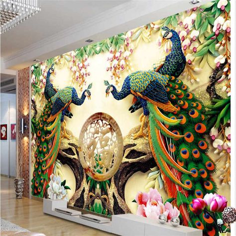 Peacock Living Room, China Wallpaper, Large Wall Paintings, Wallpaper Walls Bedroom, Peacock Wallpaper, 3d Wall Painting, Cheap Wallpaper, 3d Wallpaper For Walls, Modern Mural