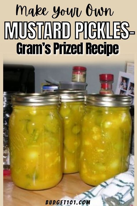 jars of homemade mustard pickles aka end of the garden pickles Homemade Mustard Pickles Recipe, Yum Yum Pickles Recipe, Easy Mustard Pickles Recipe, Mustard Pickles With Cauliflower, Honey Mustard Pickles Recipe, Mustard Pickles Recipe Canning, Sour Mustard Pickles Recipe, Honey Mustard Pickles, Sweet Mustard Pickles Recipe