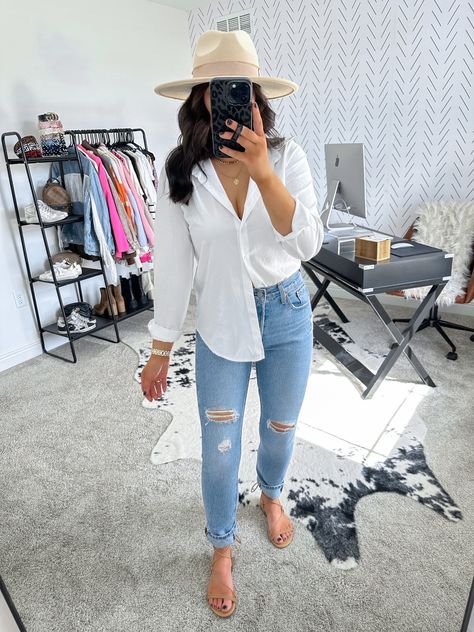 white button down shirt outfit | white button down shirt outfit casual | casual spring outfits | how to style a button up shirt women | how to style a white button up | how to style a white button down | how to style a white button up casual | errands outfit spring | ripped jeans and button up outfit | strappy gladiator sandals and jeans outfit | casual brunch outfit Woman’s White Button Down, Styled White Button Down, White Loose Button Up Outfit, White Tied Shirt Outfit, White Button Down Shirt Outfit Mom Jeans, Black Jeans And Button Up Shirt Women, Lose Button Up Shirt Outfit, White Button Up Jeans And Heels, Oversized White Button Up Shirt Outfit Summer