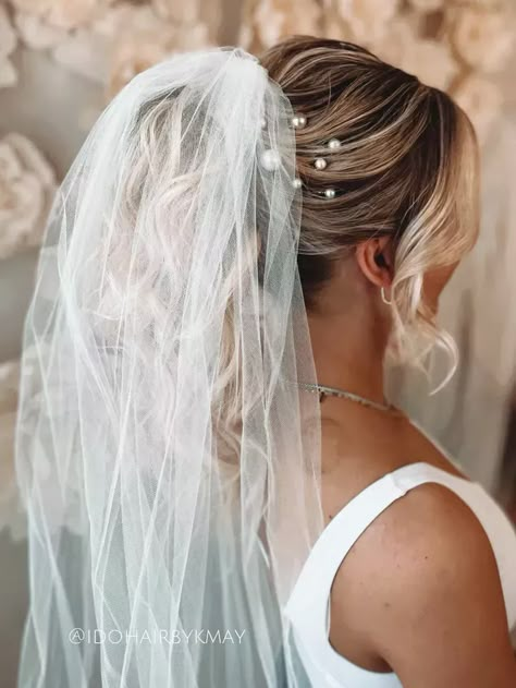 Wedding High Ponytail Hairstyles With Veil, Bridal Hair Ponytail With Pearls, Wedding Pony With Veil, Bridal Ponytail Veil, Bridal Updo With Veil Fine Hair, Wedding Hair With Pearls And Veil, Veil And Ponytail, Bride Hair High Ponytail, Bride With Ponytail And Veil