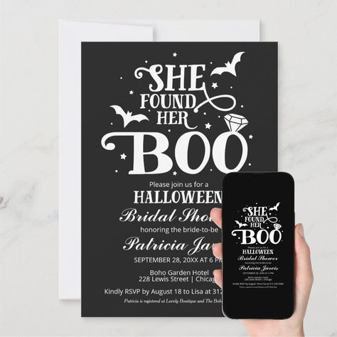 Gothic Mexican, She Found Her Boo, Bridal Shower Budget, Typography Black And White, Halloween Bridal Showers, Bat Ring, Boho Bridal Shower Invitations, Cute Typography, Dream Things