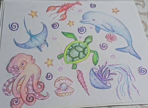 Ocean Creatures Drawings, Marine Doodles, Ocean Drawings, Ocean Drawing, Whimsical Art Journal, Creative Drawing Prompts, Chalk Drawings, Art Hobbies, Arte Sketchbook