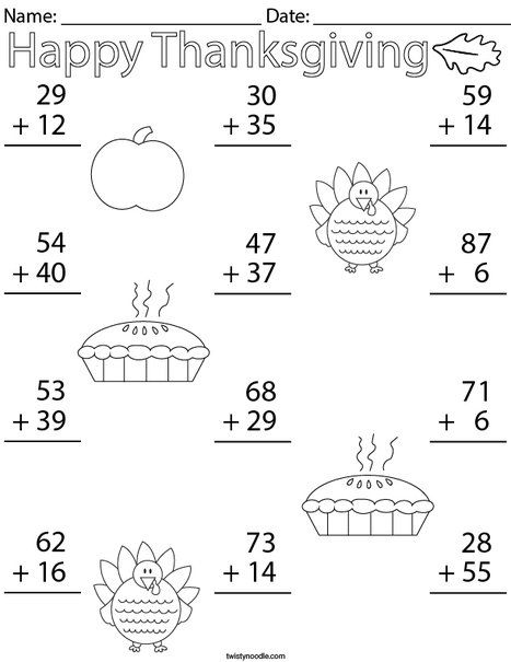 Thanksgiving Double Digit Addition Math Worksheet - Twisty Noodle Double Addition Worksheet, Thanksgiving Worksheets 2nd Grade, Thanksgiving Math Worksheets Free, Addition Subtraction Worksheet, Addition Math Facts, Thanksgiving Addition, Two Digit Addition, Counting Money Worksheets, Thanksgiving Math Worksheets