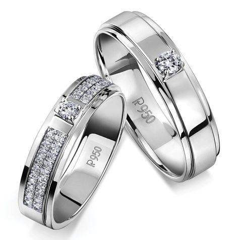 Platinum Love Bands by Jewelove One a thorough gentleman, the other a sparkling diva. Two parts forming a rare bond, in this perfect imbalance. As your paths cross and you set out on your adventure. These Platinum Love Bands mark your rare journey and story. This pair features a single diamond platinum ring for men & 2-rows diamonds leading to a single diamond platinum ring for women. Metal : Platinum Platinum Purity : 95% Purity Mark : Pt 950 Diamond carat weight : Women's Band : 0.17 cts. Platinum Rings For Men, Platinum Ring Men, Platinum Love Bands, Mens Wedding Rings Platinum, Watches Expensive, Man Rings, Classy Engagement Ring, Couple Bands, Platinum Rings