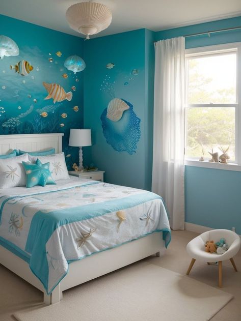 Sea Theme Bedrooms, Underwater Bedroom, Sea Bedrooms, Wall Decor Inspiration, Hanging Jellyfish, Pure Wonder, Jellyfish Lamp, Beach Themed Bedroom, Mermaid Room